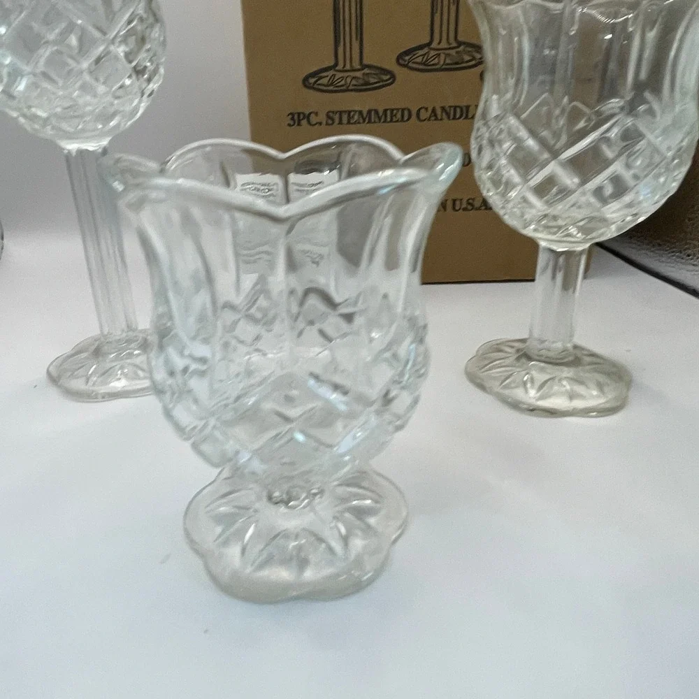 Home Interiors Stemmed Candle Holder Set 3pc Clear Glass Diamond Cut Vintage 90s